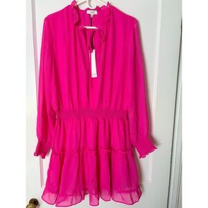 NSR Hot Pink Chiffon Mini Dress Long Sleeve Smocked Waist Ruffle Tiered XL NEW